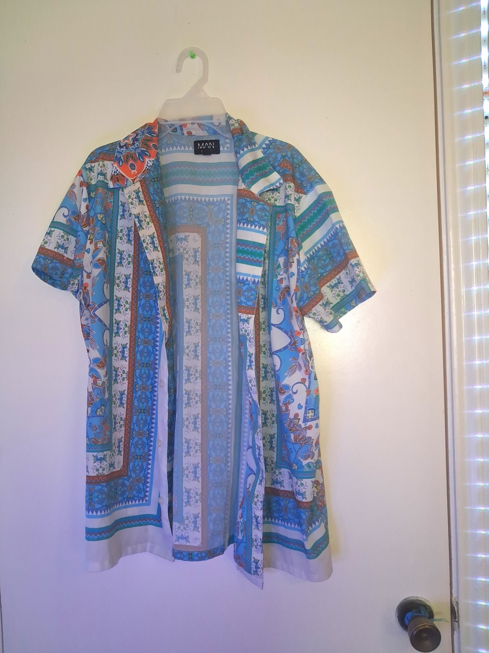 Patterned Blue Short-Sleeve Shirt Jacket